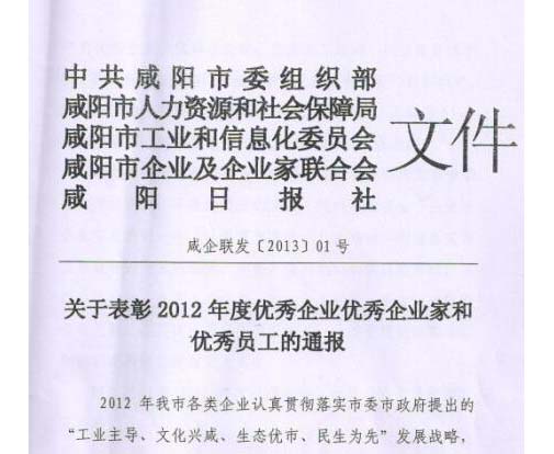 總公司榮獲2012年度咸陽市優(yōu)秀企業(yè)